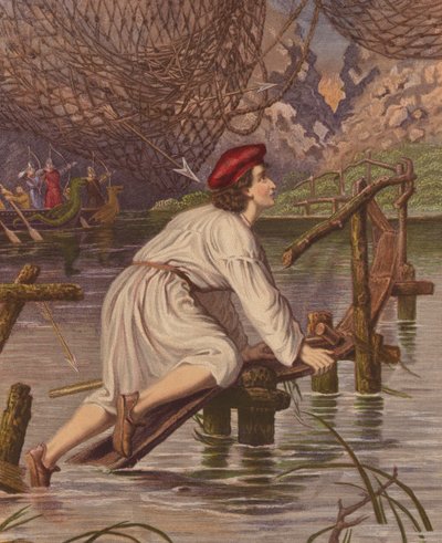 Tender samvittighed krydser broen (farvelitografi) af English School