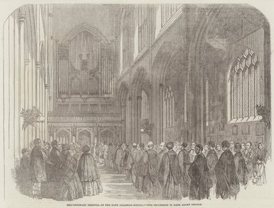 Jubilæumsfestival for Bath Grammar-School, Procession i Bath Abbey Church (gravering) af English School