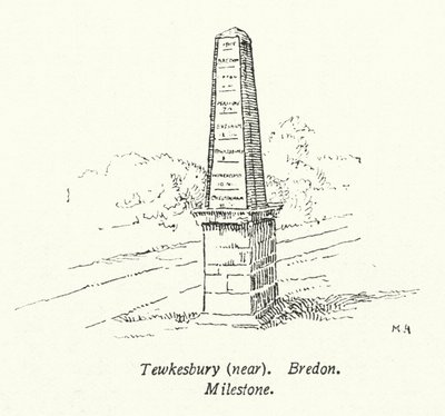 Tewkesbury, nær Bredon, Milestone (litografi) af English School