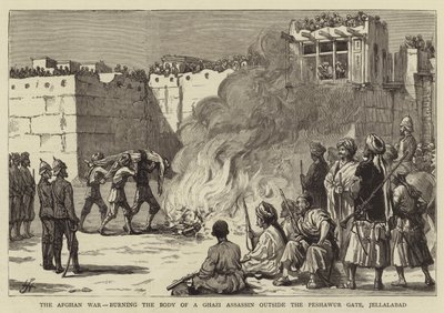 Den afghanske krig, afbrænding af liget af en Ghazi snigmorder uden for Peshawur-porten, Jellalabad (gravering) af English School