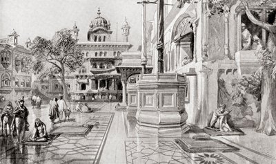 Akal Takht eller Akal Bunga, Harmandir Sahib (Det Gyldne Tempel), Amritsar, Punjab, Indien i 1864, fra Hutchinson
