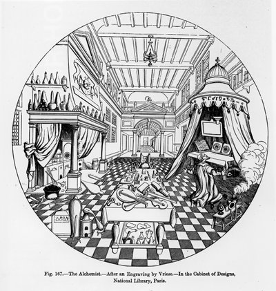 Alkymisten, efter en gravering af Vriese, illustration fra Videnskab og litteratur i middelalderen og renæssancen, skrevet og indgraveret af Paul Lacroix, 1878 af English School