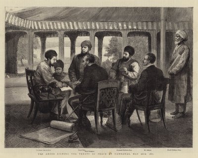 Ameeren underskriver fredstraktaten i Gandamak, 26. maj 1879 (gravering) af English School