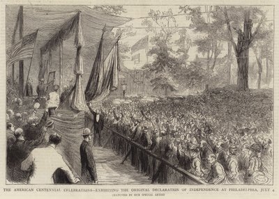 The American Centennial Celebrations, der udstiller den originale uafhængighedserklæring i Philadelphia, 4. juli (gravering) af English School