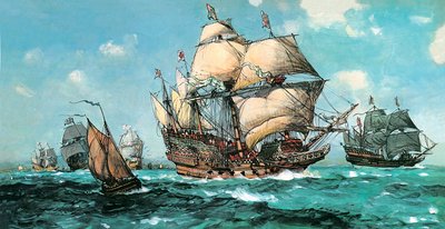 Ark Royal sejler for at møde Armadaen (farve litho) af English School