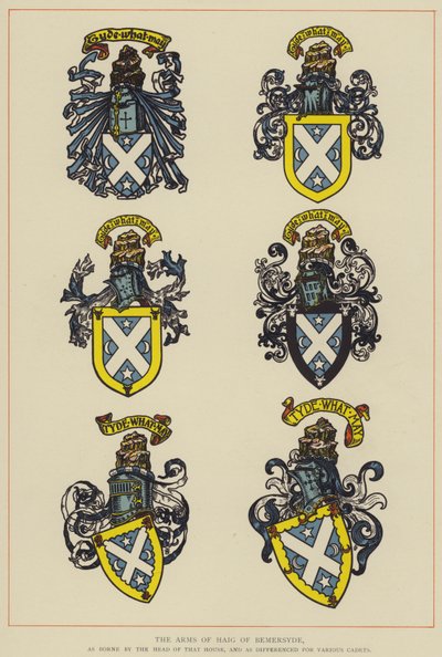 The Arms of Haig of Bemersyde, som båret af lederen af det hus, og som forskellig for forskellige kadetter (farve litho) af English School