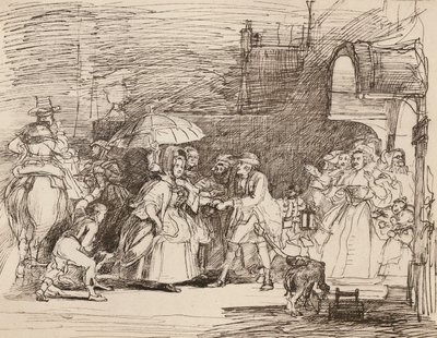 The Arrival of the Rich Relation, efter Wilkie, fra en pen og blæk tegning (litho) af English School