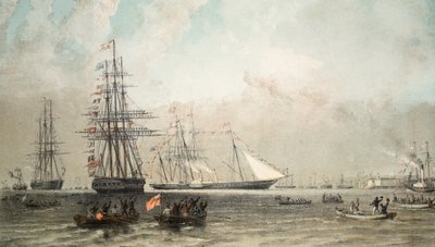 Ankomsten af den kongelige yacht ud for Gravesend, 7. marts, 1863, fra A Memorial of the Marriage of Edward VII and Alexandra of Denmark, pub. 1864 af English School