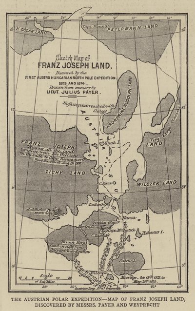Den østrigske polarekspedition, kort over Franz Joseph Land, opdaget af Messers Payer og Weyprecht (gravering) af English School