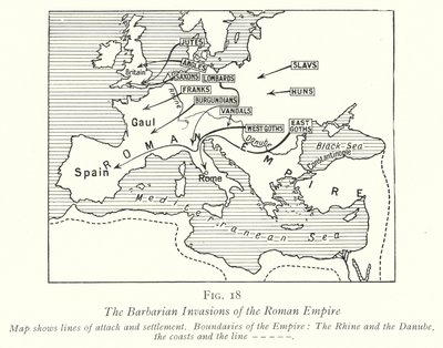 De barbariske invasioner af Romerriget (litho) af English School