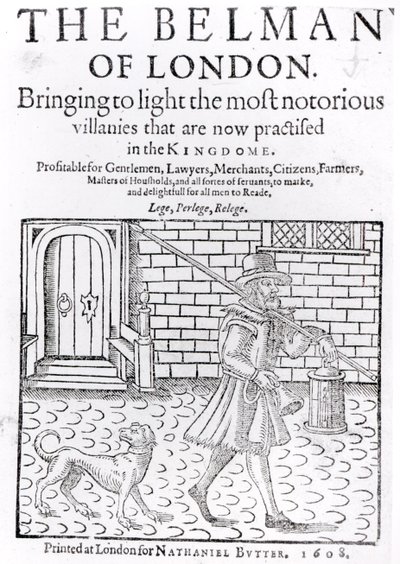 The Bellman of London, af Thomas Dekker (c.1570-c.1641) titelblad, trykt af Nathaniel Butter, 1608 af English School