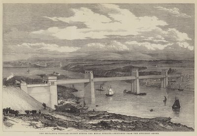 Britannia Tubular Bridge over Menai-strædet (gravering) af English School