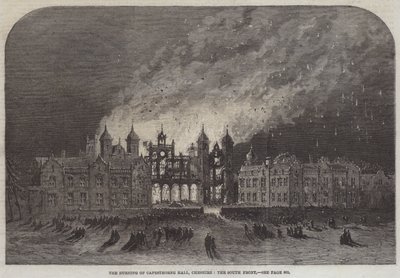 Afbrændingen af Capesthorne Hall, Cheshire, Sydfronten (gravering) af English School