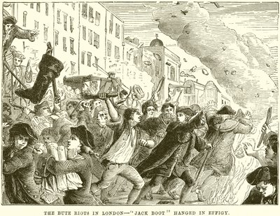 Bute Riots i London - Jack Boot hængt i Effigy af English School
