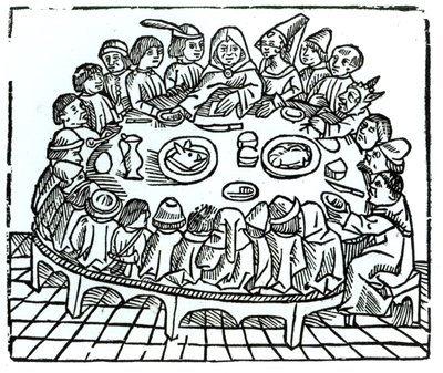 Canterbury-pilgrimmene sætter sig til et fælles måltid, illustration fra Geoffrey Chaucers (c.1345-1400) 