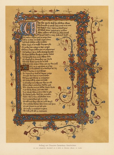 The Canterbury Tales af Geoffrey Chaucer (farvelitografi) af English School