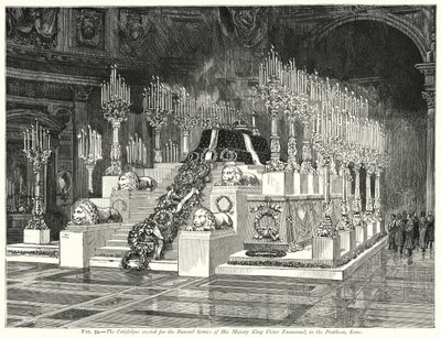 Katafalket opført til begravelsen af Hans Majestæt Kong Victor Emmanuel i Pantheon, Rom (gravering) af English School