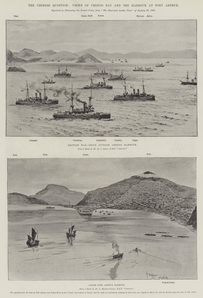 Det kinesiske spørgsmål, udsigt over Chefoo-bugten og havnen i Port Arthur (litho) af English School