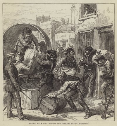 Borgerkrigen i Spanien, oprørere fra Carthagena fouragerer ved Torrevieja (gravering) af English School