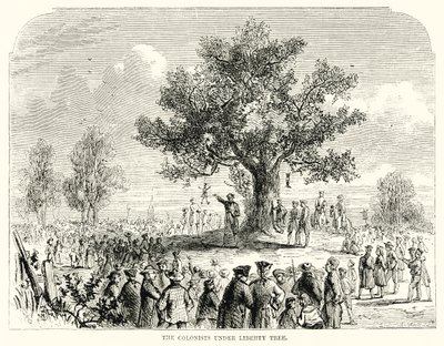 Kolonisterne under Liberty Tree (gravering) af English School