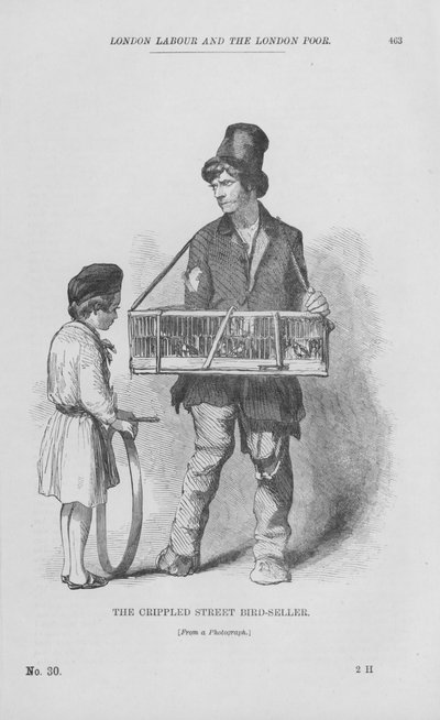 Der verkrüppelte Straßenvogelverkäufer (Gravur) von English School