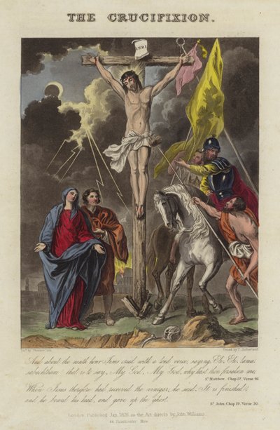 Jesu Kristi korsfæstelse (farvet indgravering) af English School