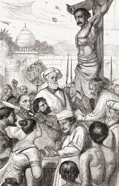 Korsfæstelsen af en Karen Martyr fra Burma, ca. 1865 (træstik) af English School