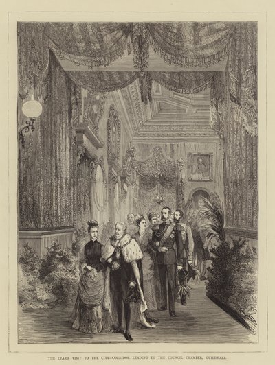 Czarens besøg i byen, korridor, der fører til rådssalen, Guildhall (gravering) af English School