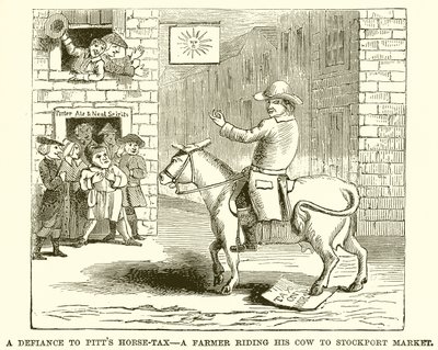 Die Herausforderung der Pferdesteuer von Pitt – Ein Bauer reitet seine Kuh zum Stockport-Markt von English School