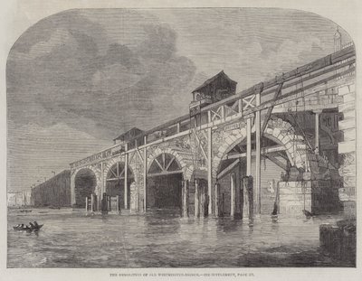 Nedrivningen af Old Westminster-Bridge (gravering) af English School