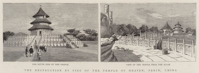 Himmeltemplets ødelæggelse ved ild, Pekin, Kina (gravering) af English School