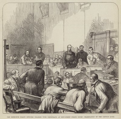 Kriminalpolitibetjentene sigtet for sammensværgelse ved Bow-Street Police Court, undersøgelse af den dømte Kurr (gravering) af English School