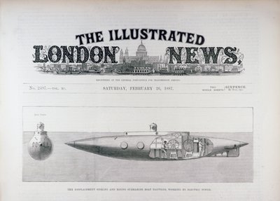 Das Verdrängungstauchen und Aufsteigen des U-Boots Nautilus, betrieben mit elektrischer Energie, aus The Illustrated London News, 26. Februar 1887 von English School