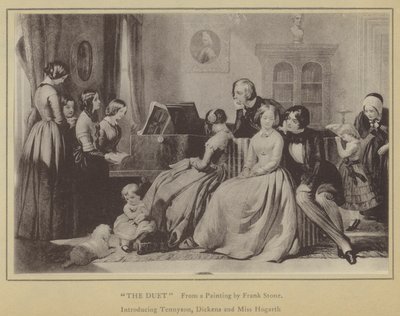 Duetten, fra et maleri af Frank Stone, der introducerer Tennyson, Dickens og Miss Hogarth (litho) af English School