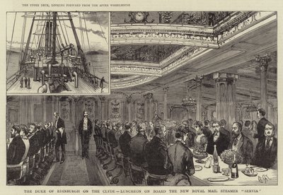 Hertugen af Edinburgh på Clyde, frokost om bord på New Royal Mail Steamer "Servia" (gravering) af English School