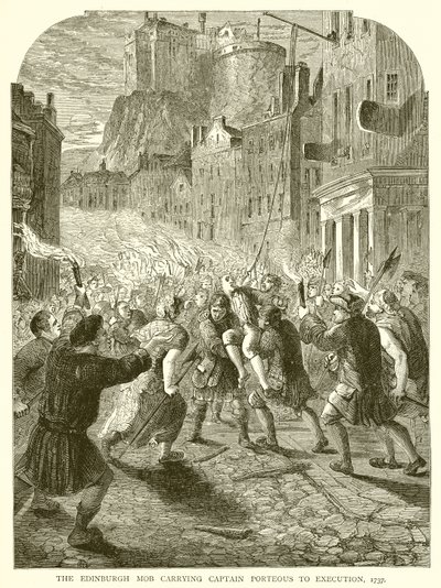 Edinburgh-pøbelen bærer kaptajn Porteous til henrettelse, 1737 af English School