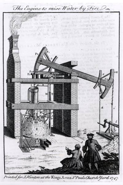 The Engine to Raise Water by Fire, et diagram over Newcomens dampmaskine til Universal Magazine, 1747 af English School