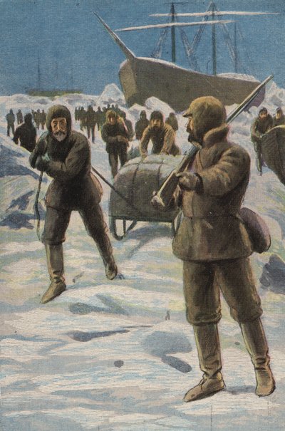 Erebus og terror i isen (farve litho) af English School