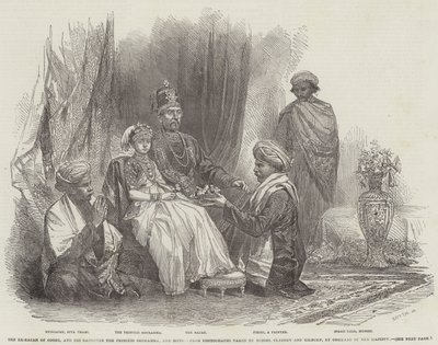 Ex-Rajah af Coorg og hans datter prinsesse Gouramma og suite (gravering) af English School