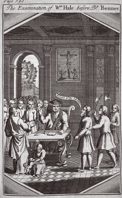 Undersøgelsen af Wm Hale før biskop Bonner, illustration fra Foxes Martyrs c.1703 af English School