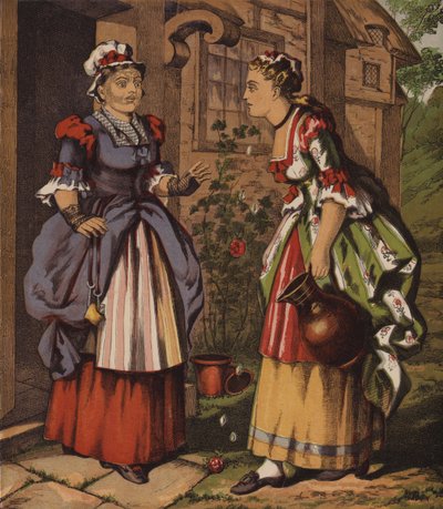 Feen ved springvandet eller de to piger (farve litho) af English School