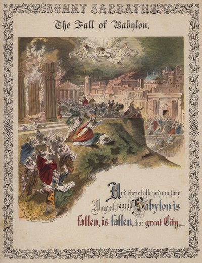 Babylons fald (farvet gravering) af English School