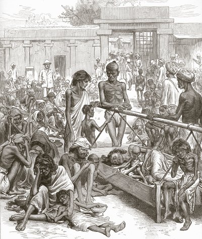 Hungersnøden i Indien: Indfødte venter på nødhjælp i Bangalore, oktober 1877. af English School