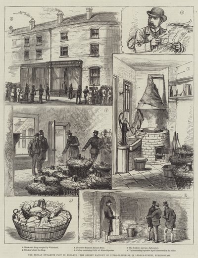 The Fenian Dynamite Plot i England, den hemmelige fabrik for nitro-glycerin i Ledsam-Street, Birmingham (gravering) af English School