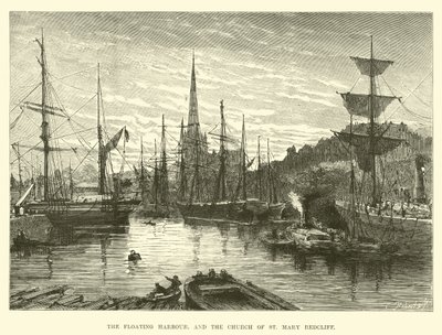 The Floating Harbour og Church of St Mary Redcliffe af English School