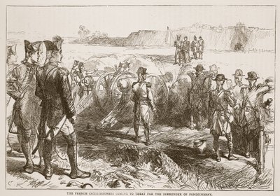 De franske kommissærer kommer for at behandle Pondicherrys overgivelse, illustration fra Cassells Illustrated History of India af James Grant, pub. 1879 af English School