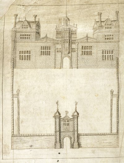 The Front of Wilton House, detalje fra Survey of Lands for the 1st Earl of Pembroke, 1566 (pen & blæk på vellum) af English School