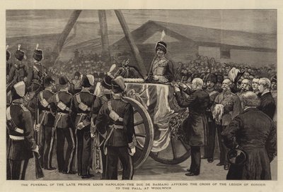 Begravelsen af den afdøde prins Louis Napoleon, hertugen de Bassano, med påsætning af Æreslegionens kors på Pallen i Woolwich (gravering) af English School