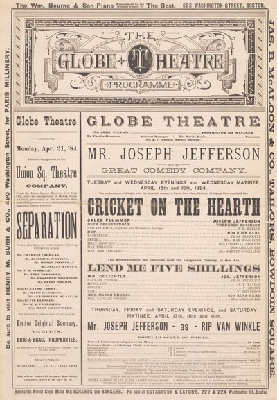 The Globe Theatre Programme, 21. april, 1884 af English School