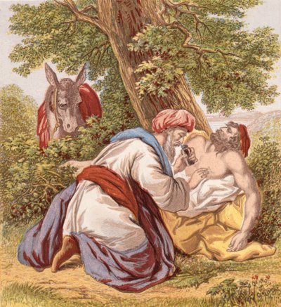 Den barmhjertige samaritaner (farvet gravering) af English School